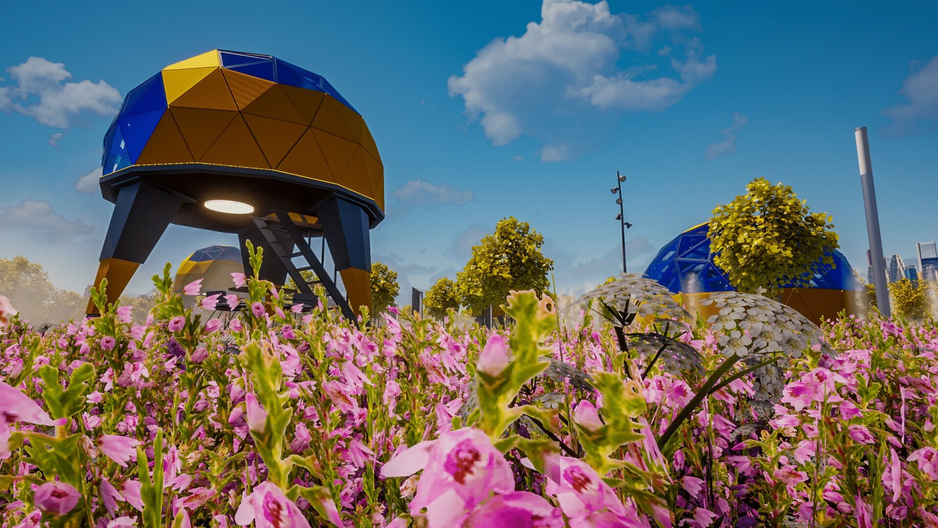 Golden dome capsule set among wildflowers at dusk