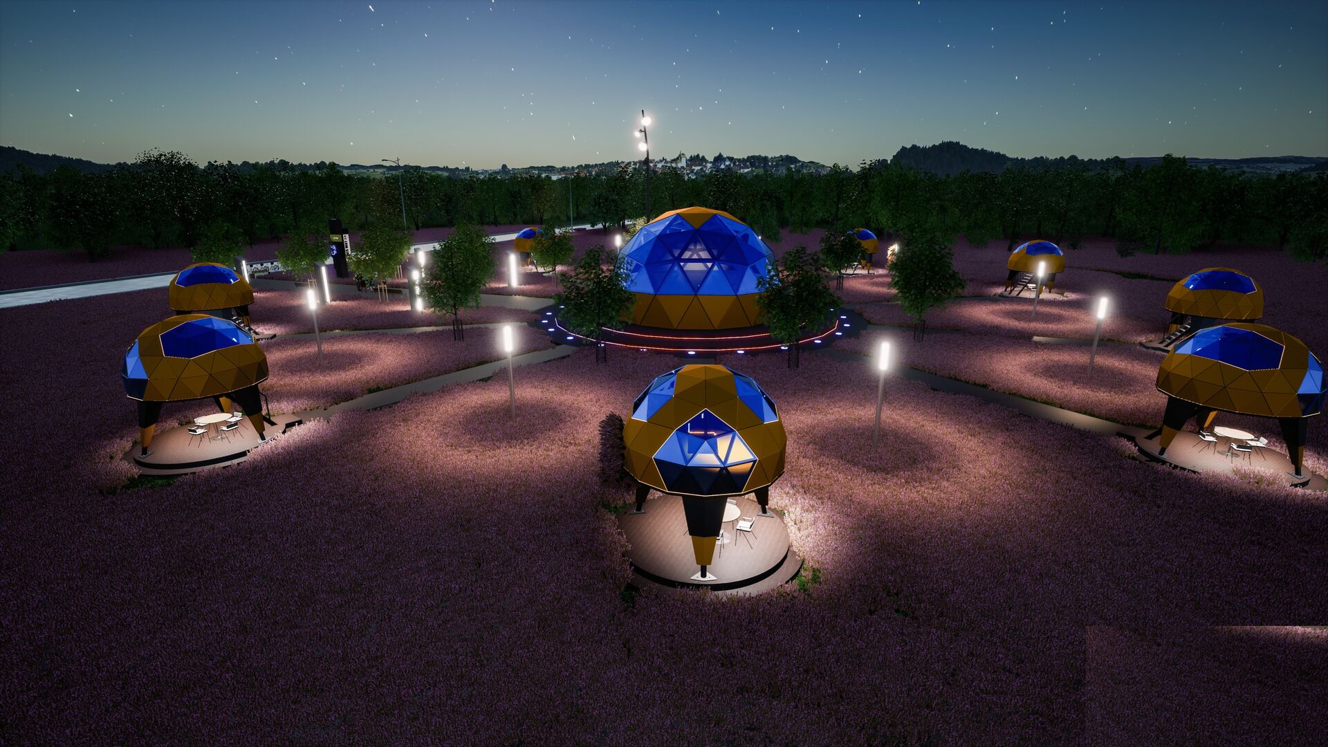Capsule domes glowing at night among garden lighting
