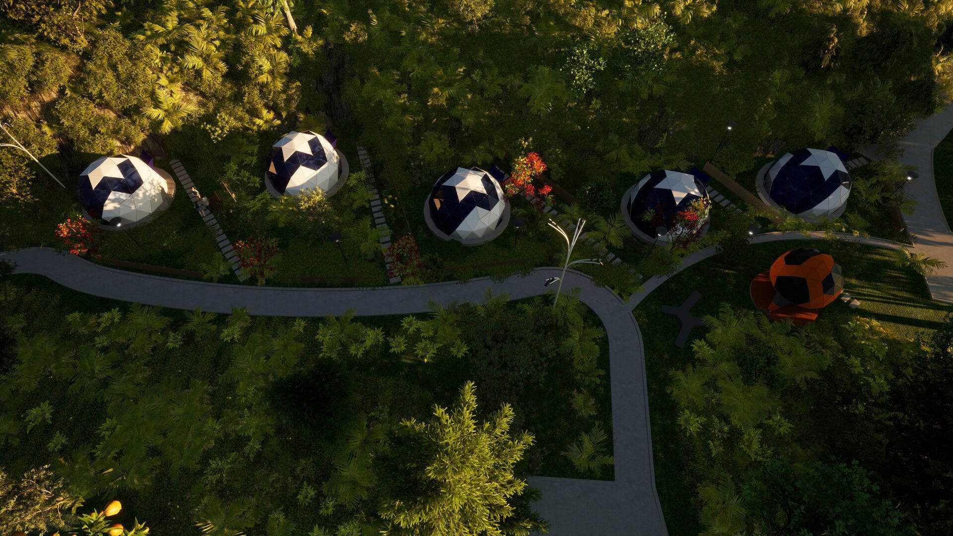 Aerial view of dome capsules glowing at dusk in the forest