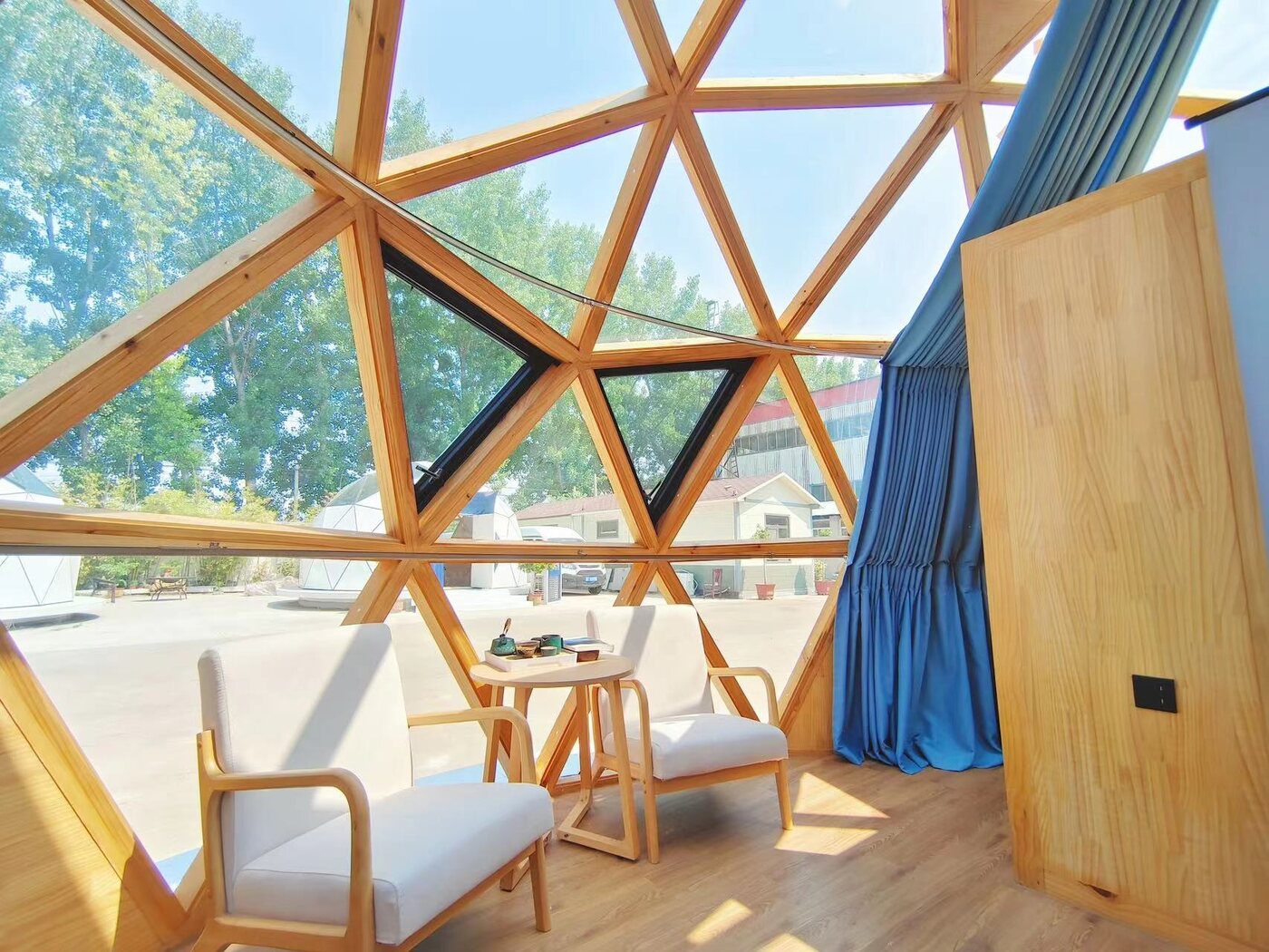Inside the capsule dome, framed by triangulated wood beams and a forest view